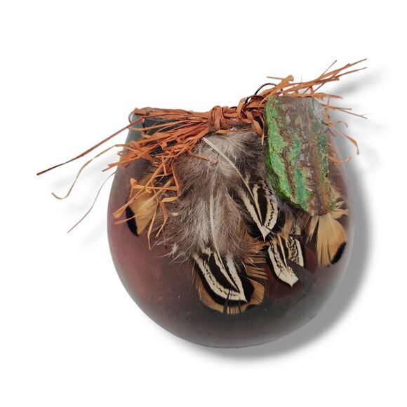 Hand Painted Gourd Bowl Handmade Art Feathers Agate Signed Brown Green - Picture 1 of 11